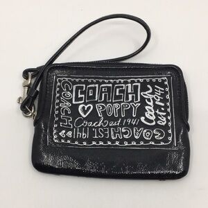 Coach Poppy Black Patent Leather Square Wristlet with Metallic Silver Lettering